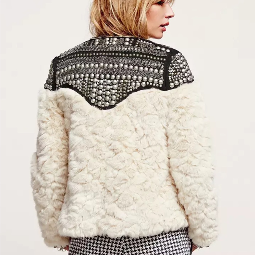 Lux Faux Fur Hand-Beaded Stud Embellished Jacket - Picture 3 of 8